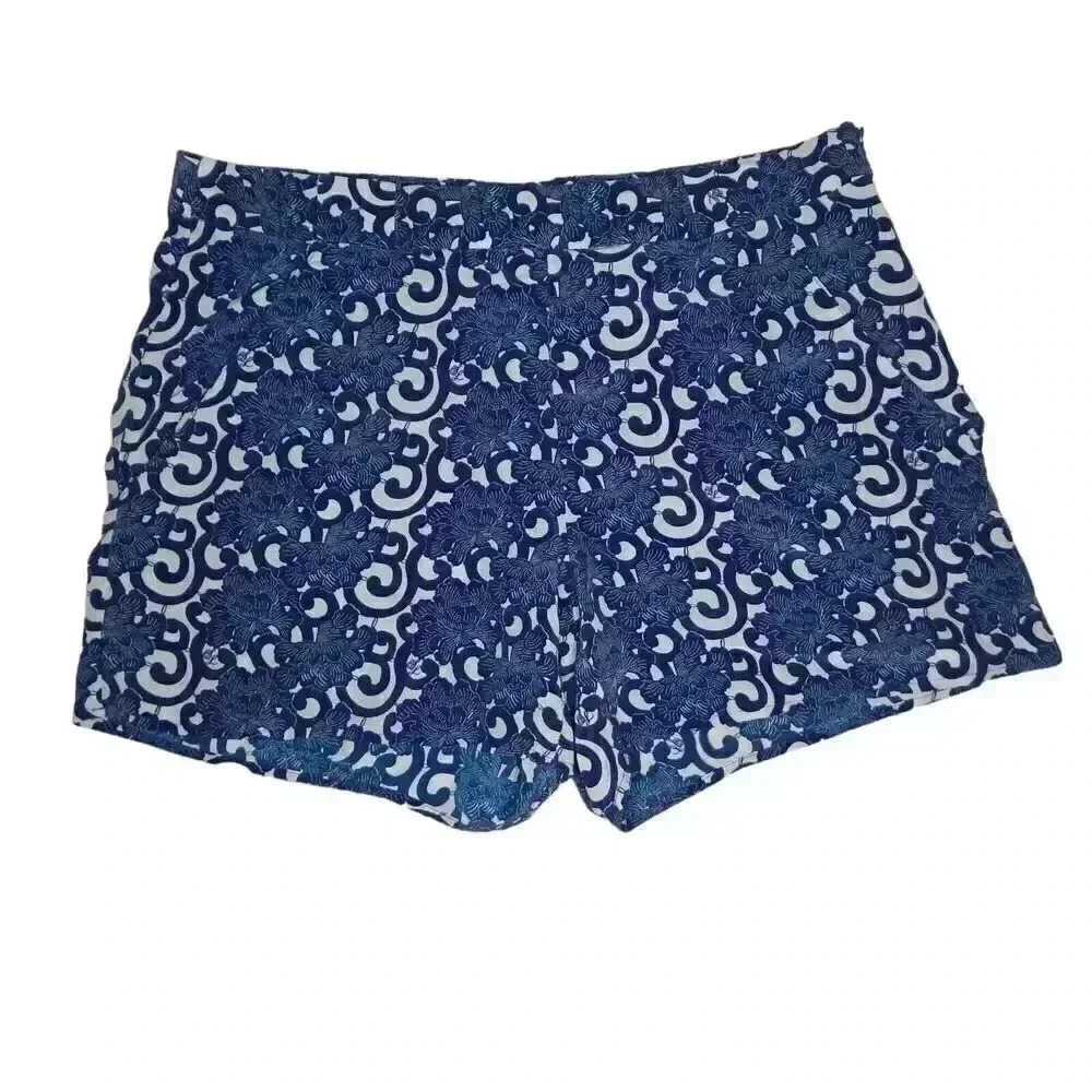 Nieves Lavi 100% Silk Shorts Size 8 Blue Resort Wear Floral Geometric Pockets